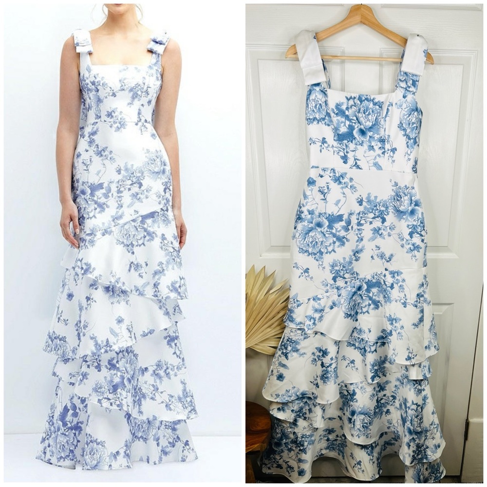 Dessy Collection Women's Floral Ruffle Tie Strap Gown Blue Size 4 Cottage Rose